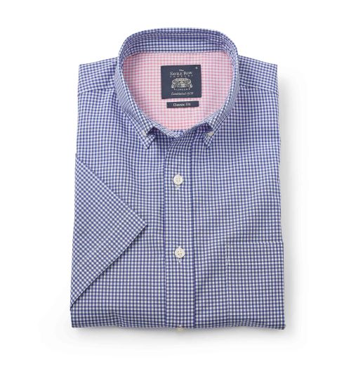 Men's Blue Gingham Check Short Sleeve Casual Shirt | Savile Row Co