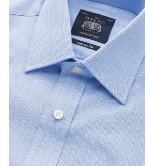 Mens Blue Herringbone Classic Fit Windsor Collar Shirt | Savile Row Co