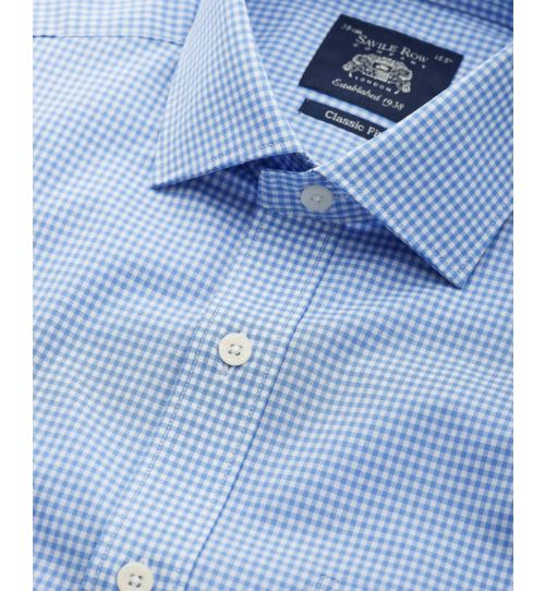 Men's Blue Classic Poplin Gingham Formal Shirt With Single Cuffs ...