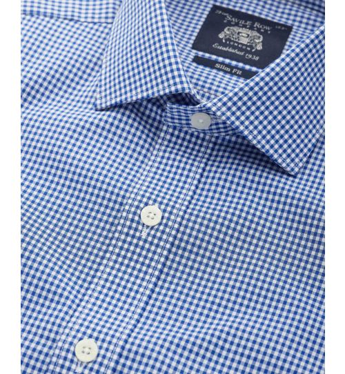 Men's Blue Slim Fit Poplin Gingham Formal Shirt With Single Cuffs ...