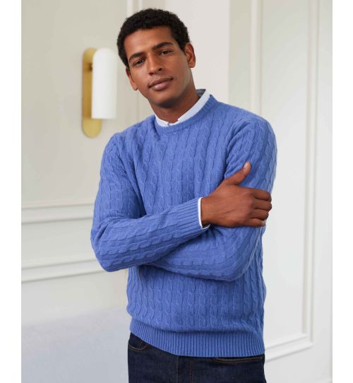 Men’s Blue Lambswool Blend Cable Knit Jumper | Savile Row Co