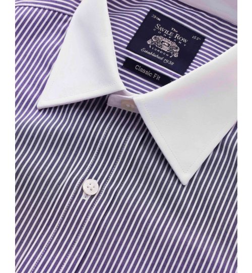 Mens Navy & White Stripe Cotton Poplin Classic Fit Shirt | Savile Row Co