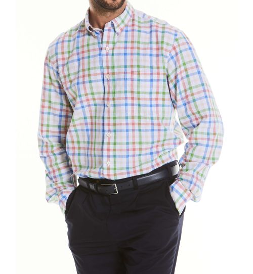 Mens Multi Check Linen/Cotton Blend Button-Down Shirt | Savile Row Co