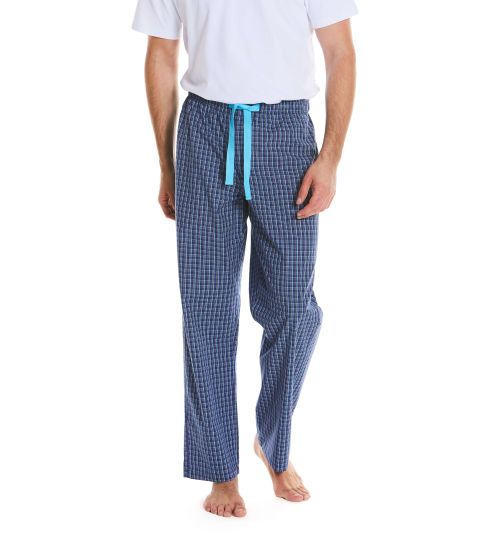 Men’s navy and turquoise check cotton lounge pants | Savile Row Co