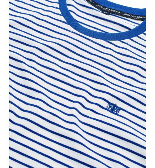 Men's White Blue Striped Cotton Jersey Crew Neck T-Shirt | Savile Row Co