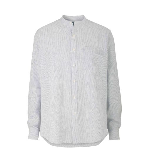 Mens White And Navy Stripe Linen/Cotton Blend Shirt | Savile Row Co