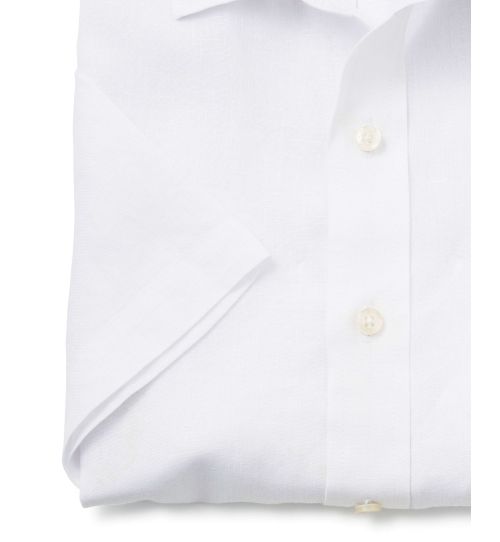 Men’s white 100% linen short sleeve shirt in shorter length | Savile Row Co