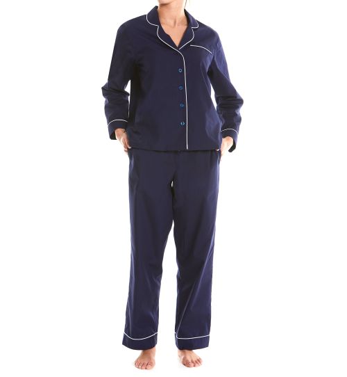 Women’s navy cotton pyjamas with white piping detail | Savile Row Co