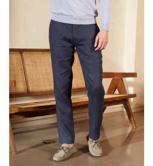 Men's Linen Trousers in Washed Navy | Savile Row Co