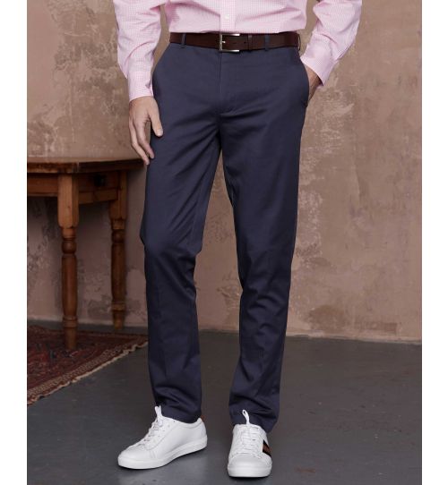 Men's Navy Stretch Cotton Classic Fit Flat Front Chinos | Savile Row Co