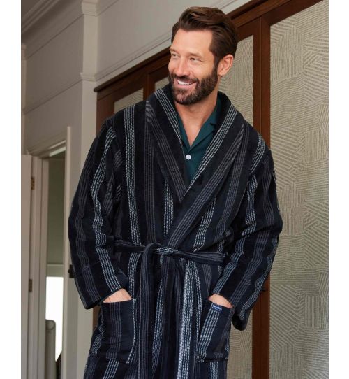 Men’s Stripe Dressing Gown in Black Grey | Savile Row Co