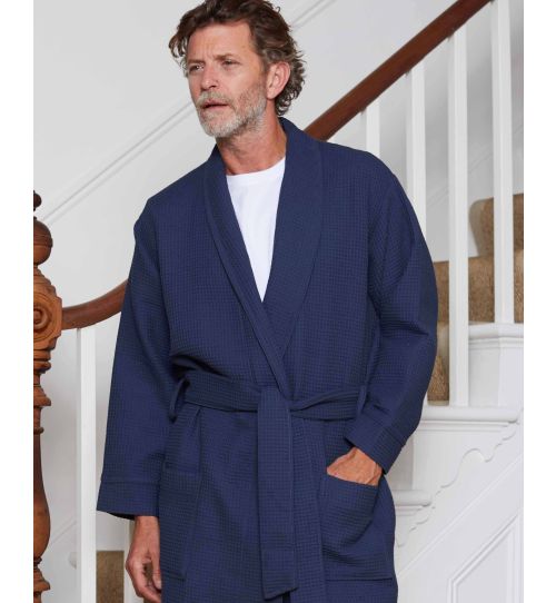 Men's Navy Cotton Waffle Dressing Gown | Savile Row Co