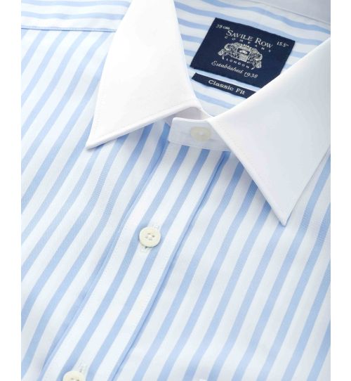 Men's Sky Blue Stripe Contrast Collar Classic Fit Formal Shirt With ...