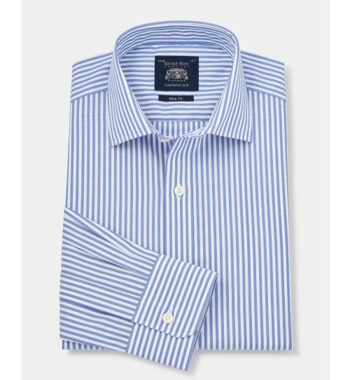 Men's Blue Slim Fit Striped Formal Shirt With Single Cuffs | Savile Row Co