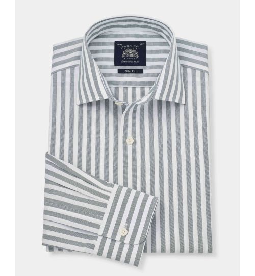 Men's Green White Slim Fit Striped Formal Shirt With Single Cuffs ...