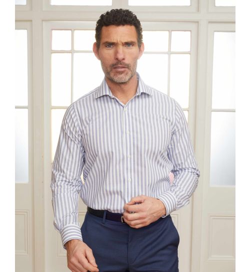 Men's Navy White Slim Fit Striped Formal Shirt With Single Cuffs ...