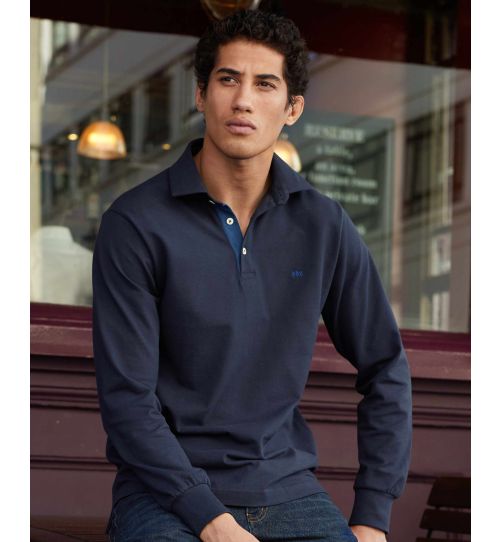 Men's Navy Long Sleeve Polo Shirt In Classic Fit Shape | Savile Row Co