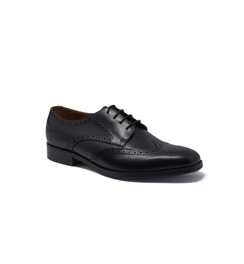 Men's Black Leather Derby Shoes With Brogue Detailing | Savile Row Co