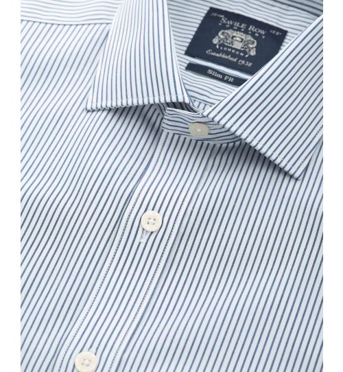 Men's Navy Slim Fit Fine Stripe Formal Shirt With Single Cuffs | Savile ...