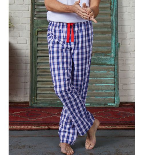 Men’s Cotton Lounge Pants in Navy & Red Check | Savile Row Co