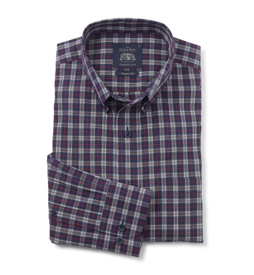 Men's Navy White Red Check Classic Fit Casual Shirt | Savile Row Co
