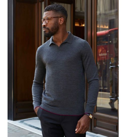 Men’S Merino Knitted Open Collar Polo In Olive | Savile Row Co