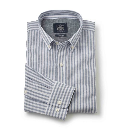 Men's White Blue Stripe Linen-Blend Casual Shirt | Savile Row Co