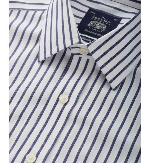 Men's White Navy Striped Cotton Classic Fit Non-Iron Formal Shirt With ...